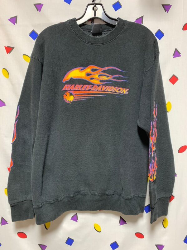 product details: HARLEY DAVIDSON TREV DEELEY VANCOUVER BC CANADA PULLOVER SWEATSHIRT  WITH FLAME SLEEVES AS-IS photo