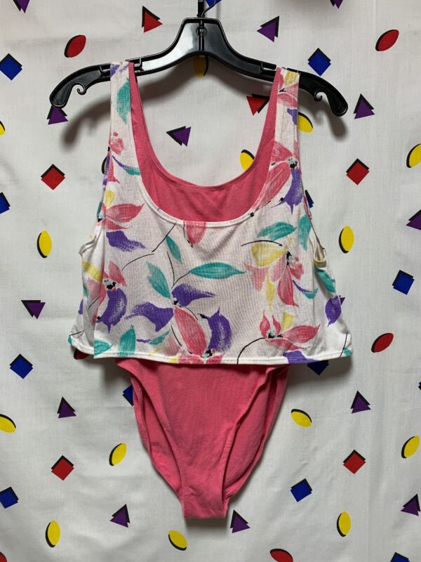product details: 1980S DEADSTOCK JAZZERSIZE STYLE FLORAL WORKOUT BODY SUIT W/ ATTACHED TOP photo
