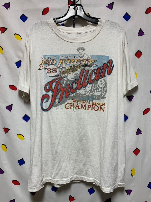 product details: DISTRESSED INDIAN MOTORCYCLES ED KRETZ #38 NATIONAL CHAMPION DAYTONA BEACH T-SHIRT AS-IS photo