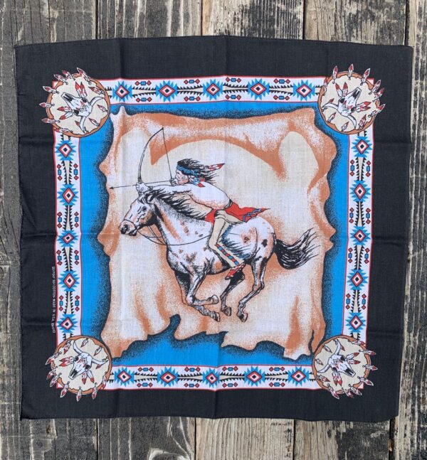 product details: NATIVE AMERICAN RIDING A HORSE WITH A BOW AND ARROW SOUTHWESTERN PRINT BANDANA photo