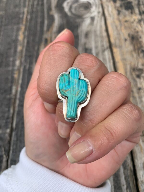 product details: CARVED CACTUS TURQUOISE RING STERLING SILVER 925 *SIGNED photo