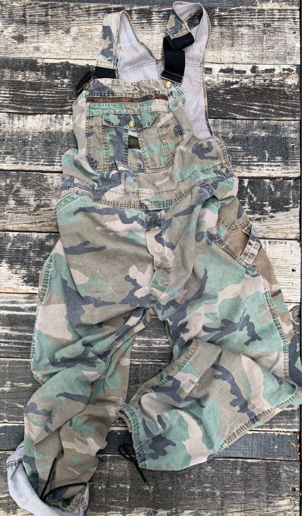 product details: SUPER SOFT & HEAVILY DISTRESSED CAMO OVERALLS DRAWSTRING BOTTOMS photo