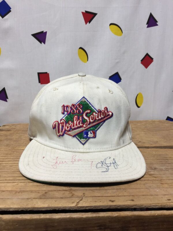 product details: DISTRESSED 1988 WORLD SERIES SNAPBACK HAT WITH AUTOGRAPHS AS-IS TIM LEARY STEVE SAX photo