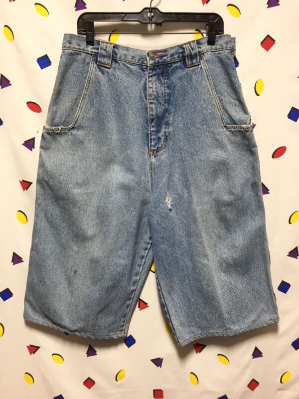 product details: 1990S LONG VINTAGE RAVE STYLE DENIM SHORTS WITH SIDE STRIPE photo