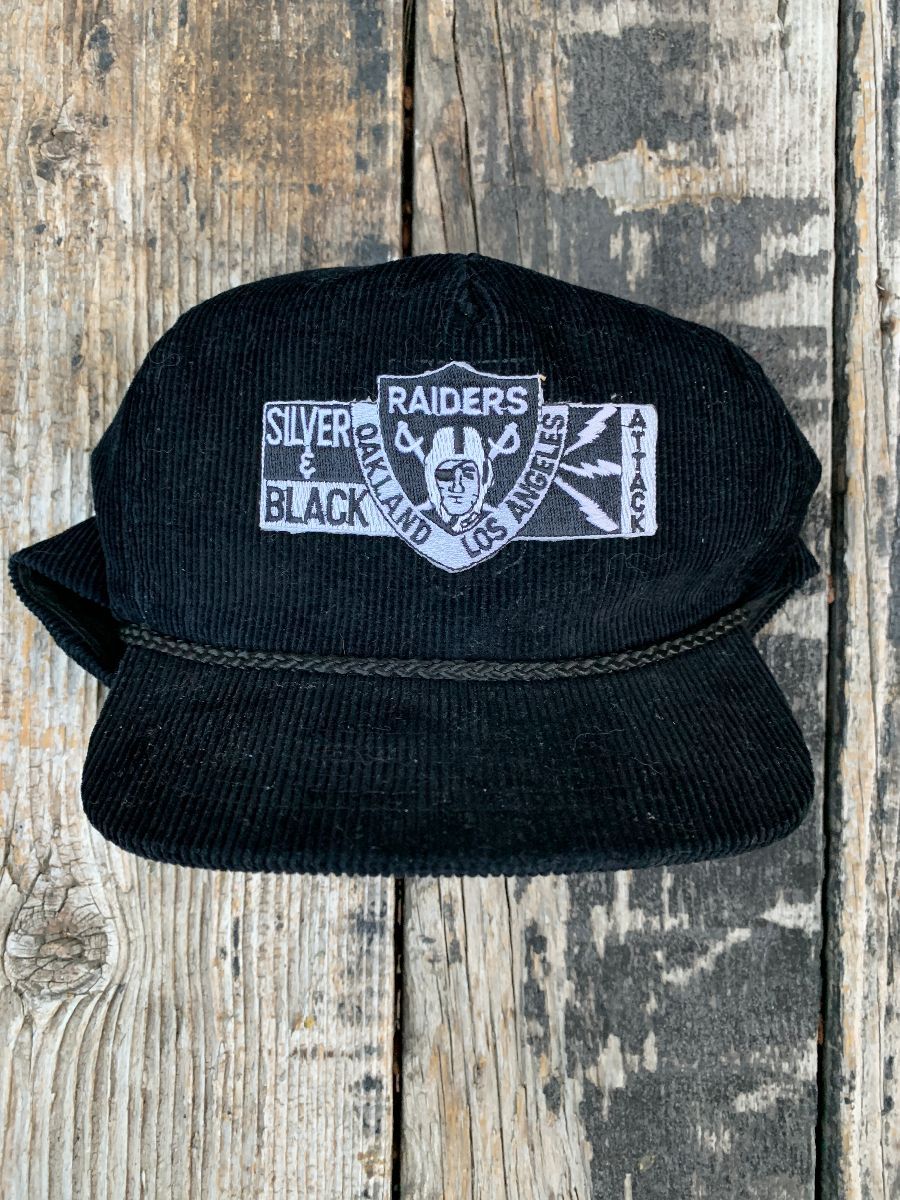 Vintage Oakland X Los Angeles Raiders Silver & Black Corduroy Hat Zipper  Back
