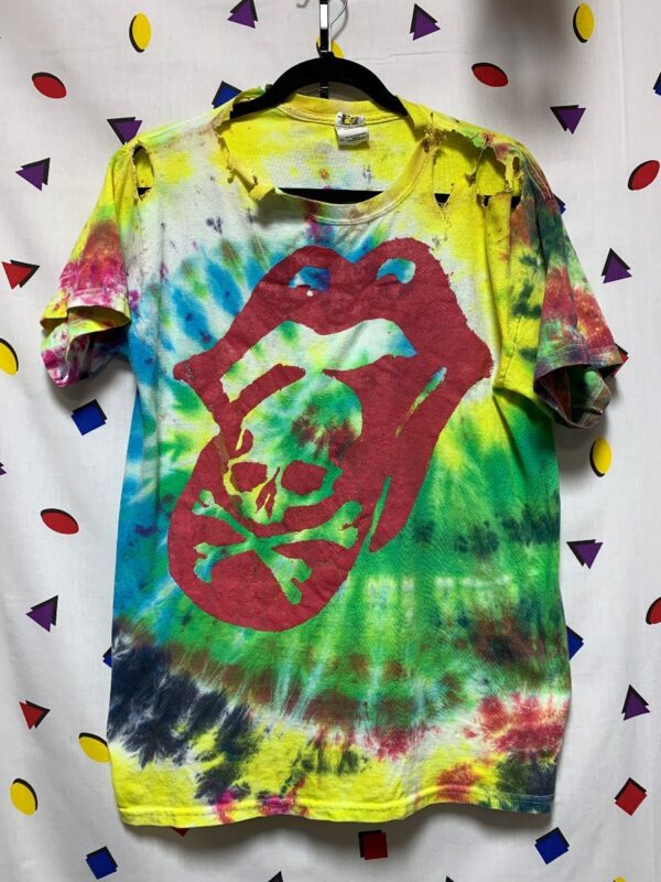 product details: THRASHED TIE DYE ROLLING STONES TONGUE SKULL AND BONES GRAPHIC *LOCAL ARTIST AS-IS photo
