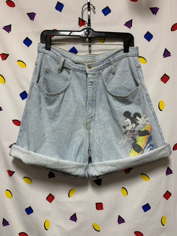 product details: 1980S SUPER SOFT OVERSIZED MICKEY MOUSE SURFING GRAPHIC DENIM SHORTS photo