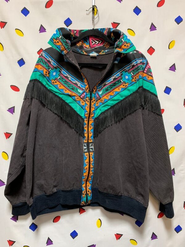 product details: RADICAL 1980S COTTON ZIP UP JACKET WITH FRINGE AND AZTEC PRINT photo