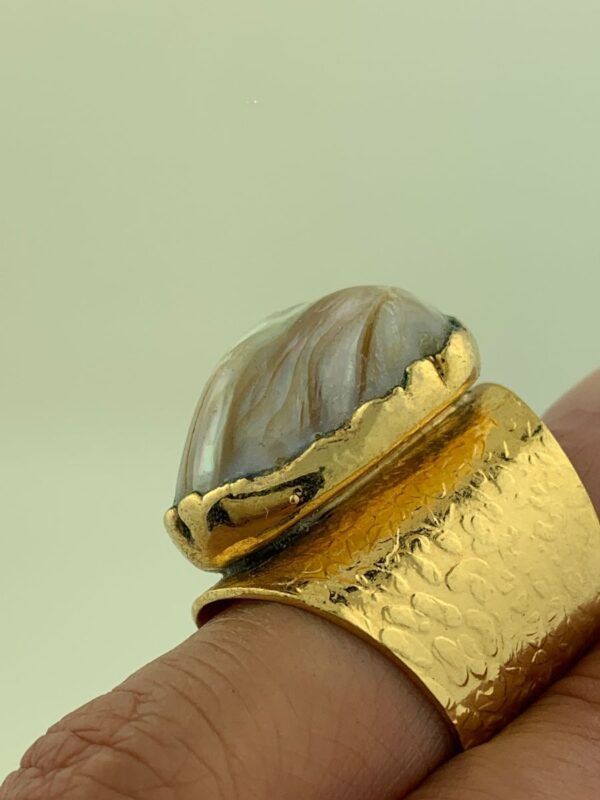 product details: MOTHER OF PEARL STONE RING WIDE STAMPED CIGAR BAND ADJUSTABLE SHANK photo