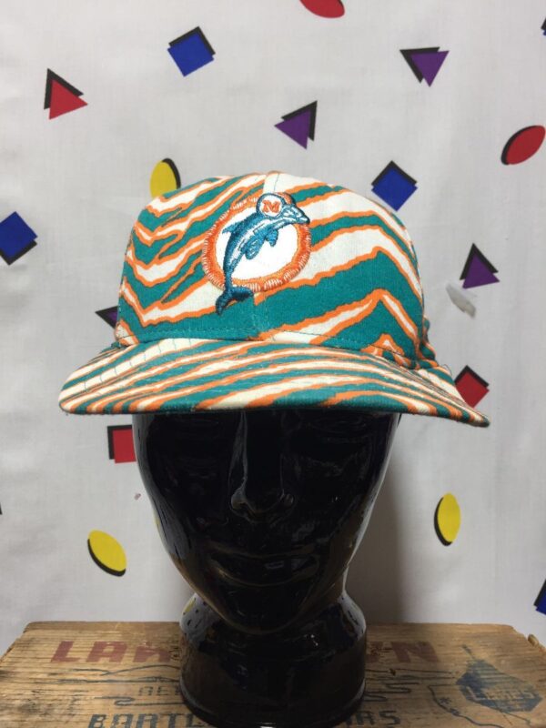 product details: 1990S MIAMI DOLPHINS FOOTBALL SNAPBACK HAT WITH ZEBRA STRIPE PRINT AS - IS photo