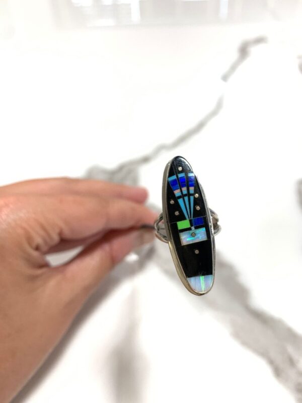 product details: RAD SPACE THEMED OVAL ZUNI STONE INLAY RING (ONYX, OPAL, GREEN TURQUOISE) *SIGNED S photo