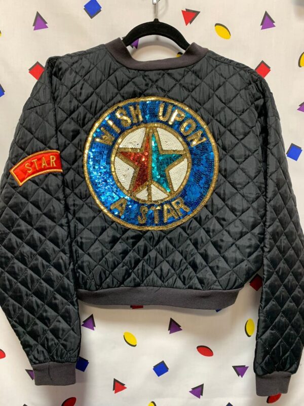 product details: 1980S QUILTED CROPPED BOMBER JACKET WISH UPON A STAR BACK SEQUIN EMBLEM WITH FRONT ARM PATCH ACCENTS photo