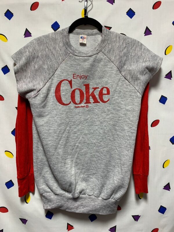 product details: 1980S ENJOY COKE CUT-OFF SWEATSHIRT WITH ATTACHED LONG SLEEVES MADE IN USA photo