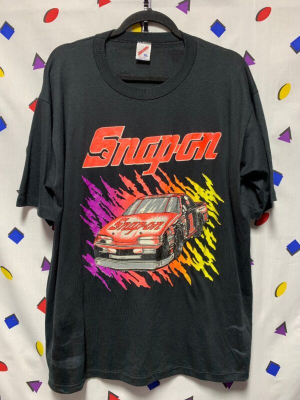 product details: 80S THIN T-SHIRT SNAP-ON RACE CAR NEON GRAPHIC COTTON POLY BLEND MADE IN USA photo