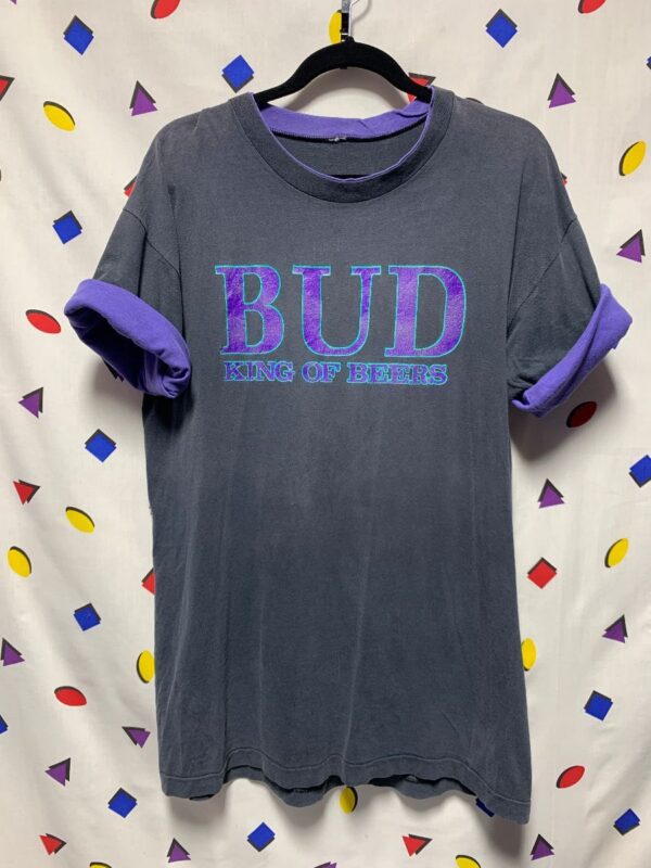 product details: BUDWEISER T SHIRT BUD KING OF BEERS DOUBLE NECKLINE & PURPLE SLEEVE LINING AS-IS photo