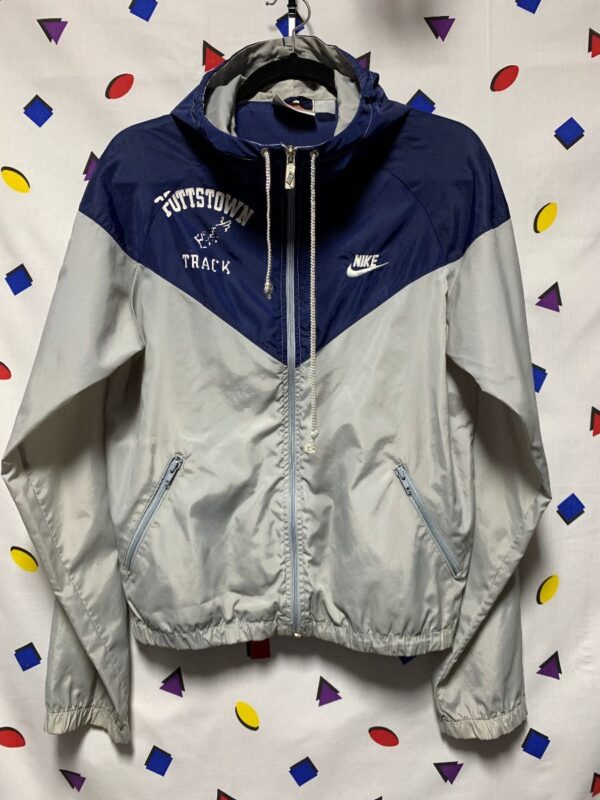 product details: NIKE WINDBREAKER HOODIE EMBROIDERED LOGO AND POTTSTOWN TRACK SCREEN PRINTED LOGO FRONT AND BACK AS-IS photo