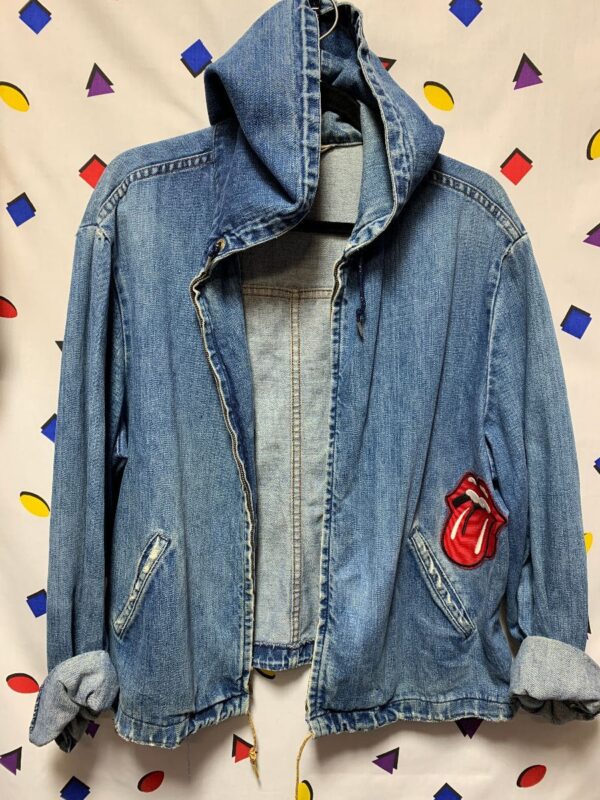 product details: RETRO THIN DENIM ZIPUP HOODED JACKET W/ ROLLING STONES TONGUE PATCH photo