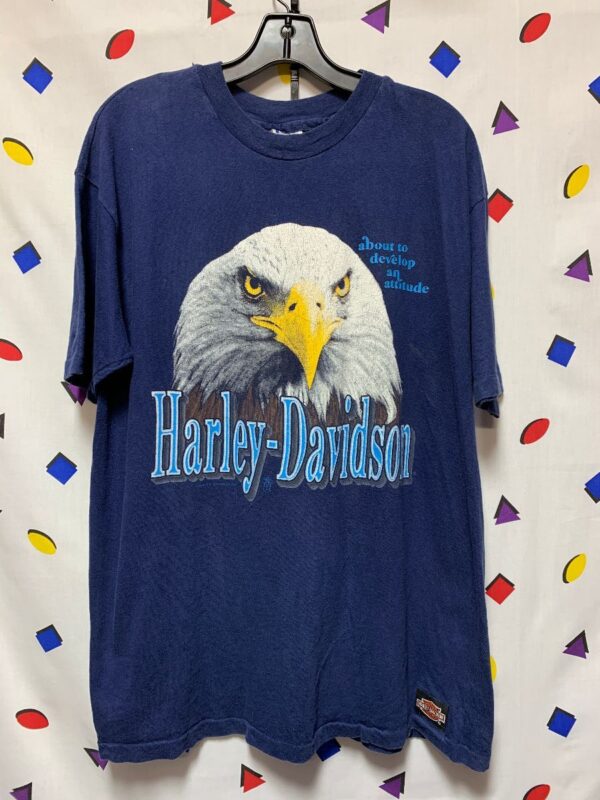 product details: 1990 HARLEY DAVIDSON T SHIRT BALD EAGLE GRAPHIC ABOUT TO DEVELOP AN ATTITUDE photo