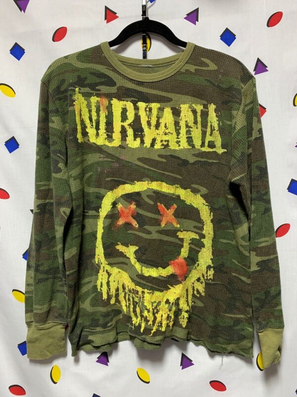 product details: RADICAL NIRVANA CAMO THERMAL SHIRT HAND SCREENED NEVERMIND  SMILEY FACE GRAPHIC *AS-IS *LOCAL ARTIST photo