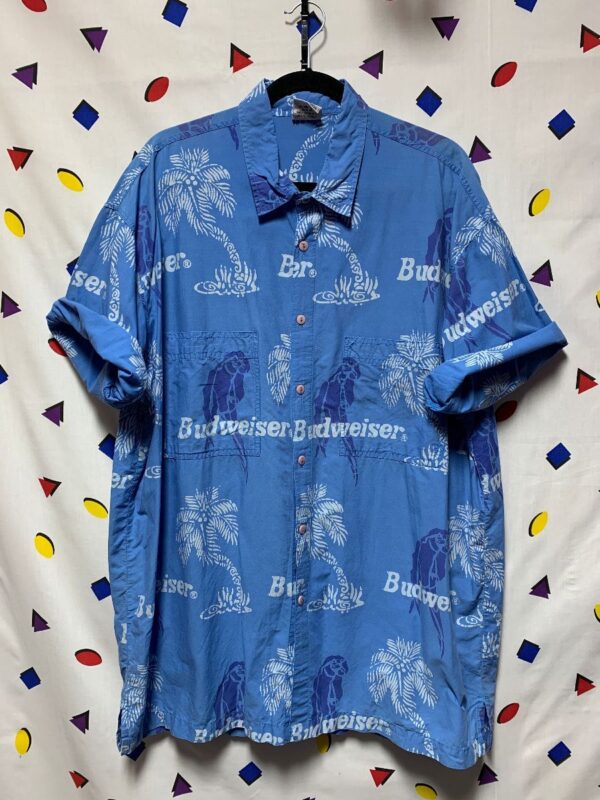 product details: BUDWEISER TROPICAL HAWAIIAN SHIRT COLLAR PALM TREE PARROT PRINT photo