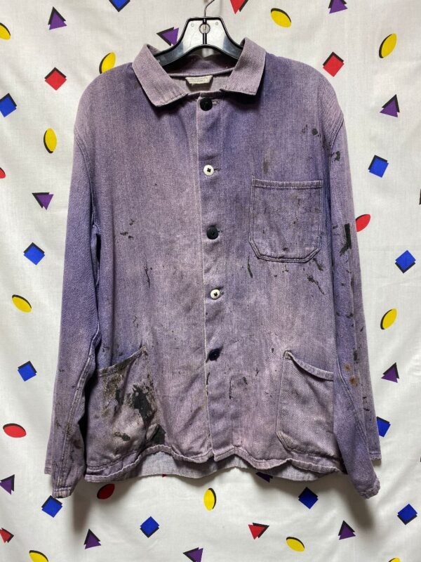 product details: GERMAN WORKWEAR SHIRT MECHANIC OIL STAINS PERFECTLY DISTRESSED BLACK AND WHITE BUTTONS photo