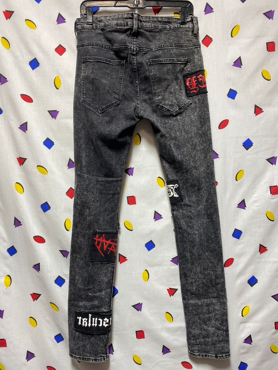 Skinny Jeans Punk Rocker Black Distressed W Patches | Boardwalk Vintage