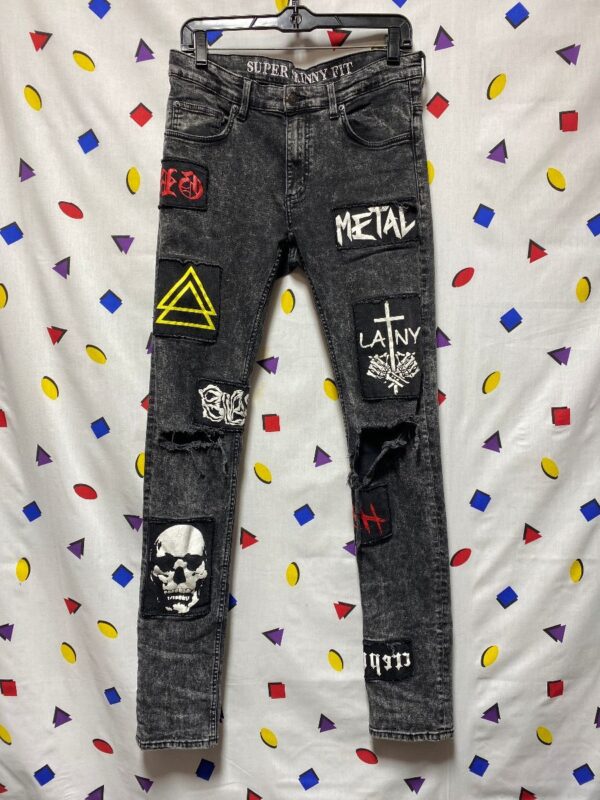 product details: SKINNY JEANS PUNK ROCKER BLACK DISTRESSED W PATCHES photo