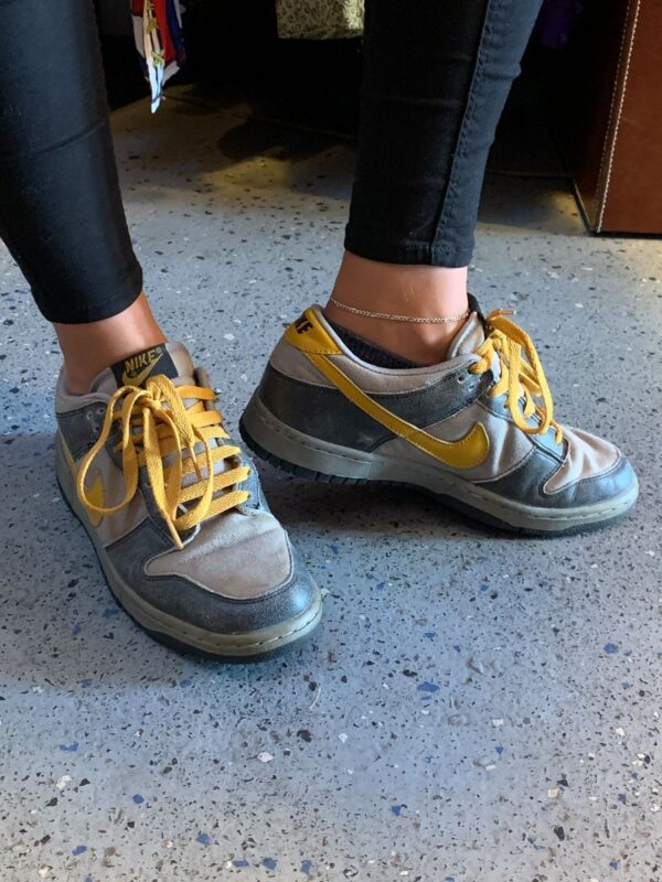 product details: NIKE DUNKS TWILL CONCRETE COMBO YELLOW LOW TOP SNEAKERS YELLOW LACES photo