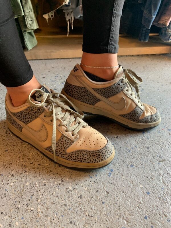 product details: WOMENS NIKE DUNKS SAFARI PATTERN LEATHER TAUPE LOW TOP SNEAKERS photo