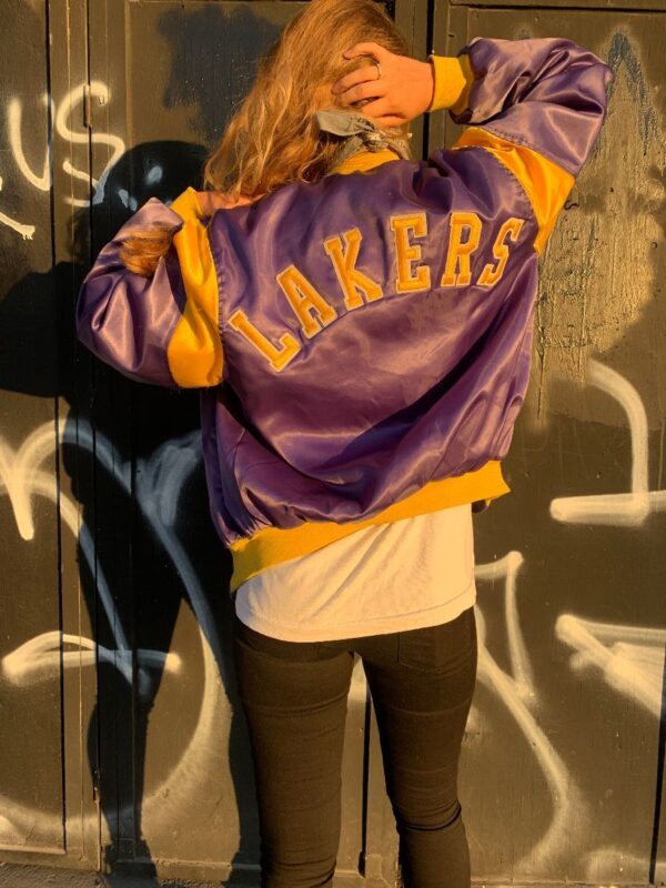 product details: LOS ANGELES LAKERS SATIN BOMBER JACKET SNAP BUTTONS BASKETBALL AS-IS photo