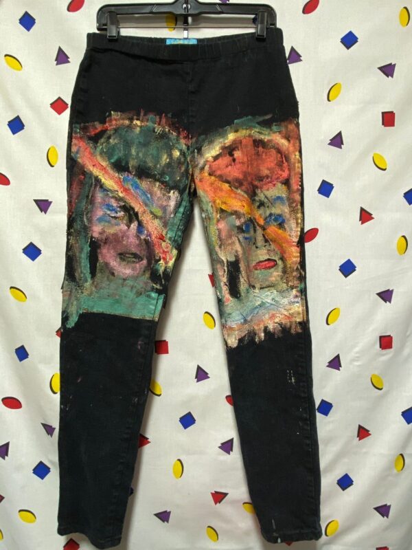 product details: HAND PAINTED DENIM PANTS DAVID BOWIE ZIGGY STARDUST STRETCH WAIST TAPERED LEGS photo