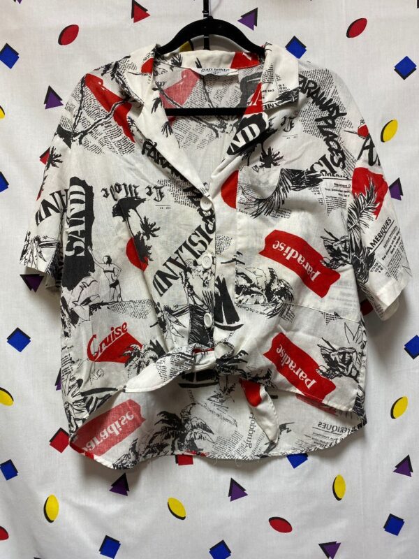 product details: COLLAR HAWAIIAN SHIRT FRONT TIE LARGE WHITE BUTTONS PARADISE PRINT photo
