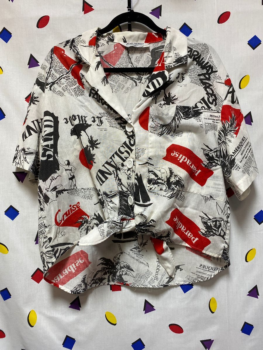 Collar Hawaiian Shirt Front Tie Large White Buttons Paradise Print ...