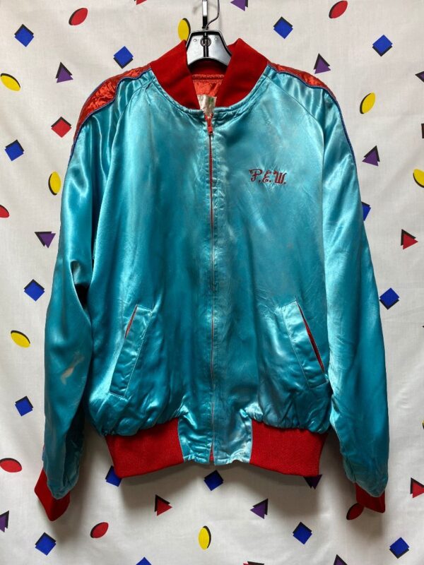 product details: 80S SATIN BOMBER JACKET WITH P.E.W. FRONT INITIALS AND BACK EMBROIDERED DRAGON RED VERTICAL STRIPES photo