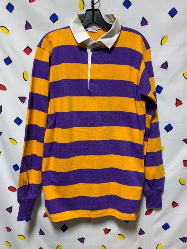 product details: DEADSTOCK COLORBLOCK STRIPED RUGBY POLO SHIRT LAKERS COLORS photo