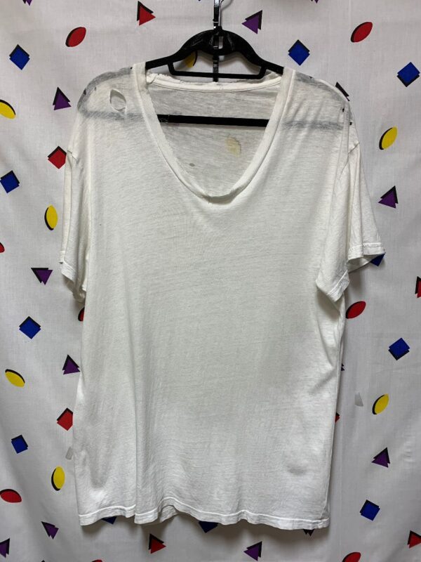 product details: PERFECTLY DISTRESSED WHITE T SHIRT SCOOP V-NECK TATTERED EDGES photo