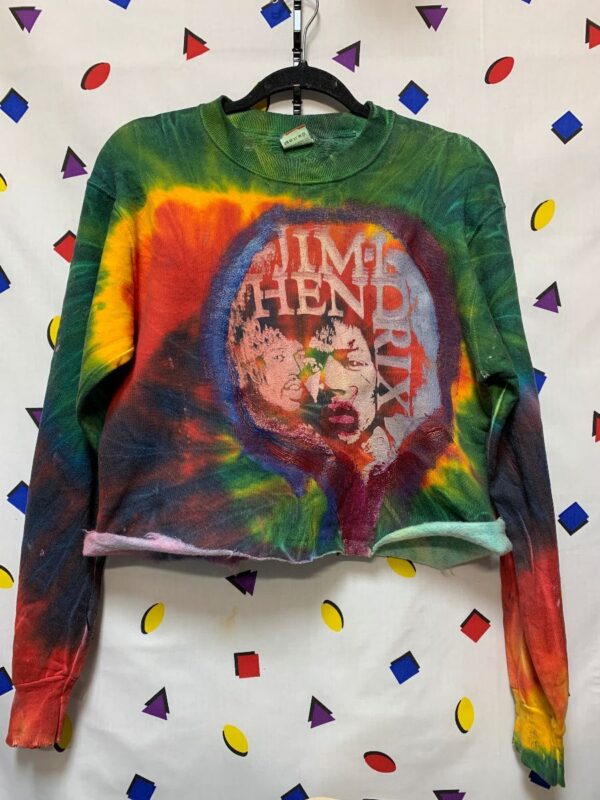product details: CROPPED TIE-DYE PULLOVER SWEATSHIRT JIMI HENDRIX FACE GRAPHIC BACK JIMI HENDRIX MEMORIAL GRAPHIC photo