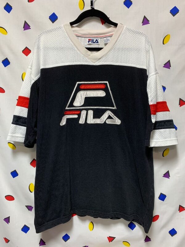 product details: 1990S FILA MESH TOP V-NECK JERSEY EMBROIDERED LOGO AS IS photo