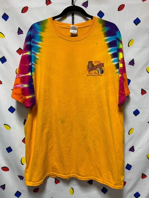 product details: YELLOWSTONE ROD RUN T-SHIRT HOT ROD BACK GRAPHIC TIE DYE SLEEVES AS-IS photo