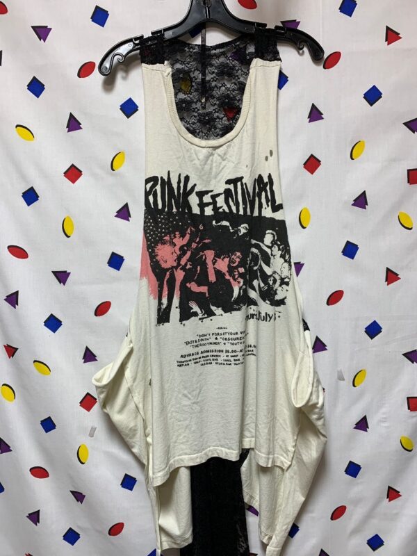 product details: HANDMADE DISTRESSED PUNK FESTIVAL TANK TOP DRESS WITH LACE TRAIN AND ROUND MINI STUDS photo