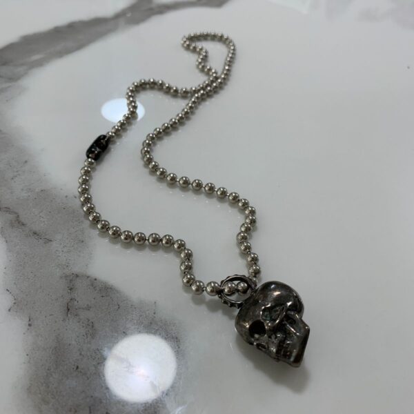 product details: HEAVY SOLID BRASS GUNMETAL PLATED SKULL PENDANT CHUNKY CHROME PLATED BALL CHAIN NECKLACE photo
