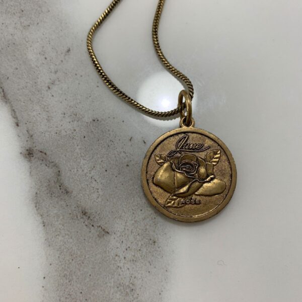 product details: VINTAGE BRASS JUNE BIRTHDAY ROSE PENDANT WITH SNAKE CHAIN photo