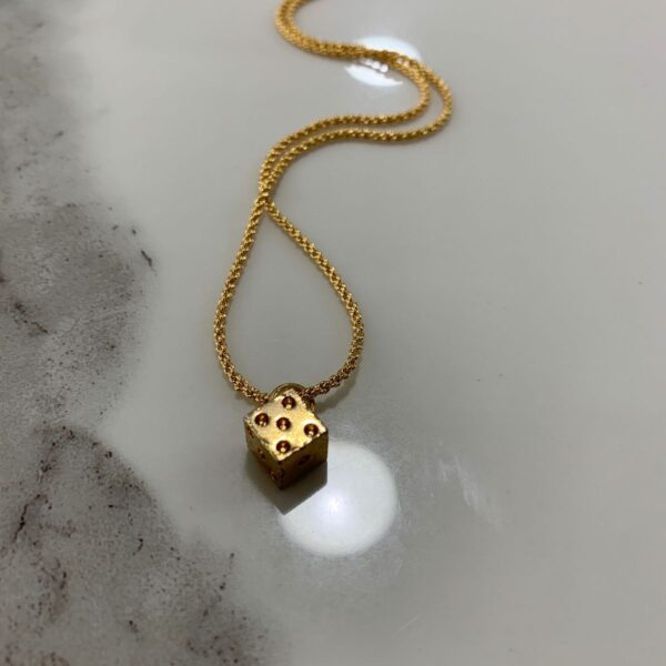 product details: GOLD PLATED MINI DICE PENDANT WITH GOLD PLATED ROPE CHAIN photo