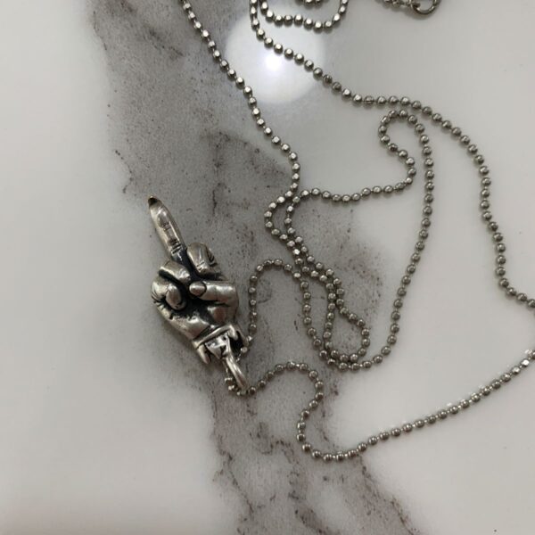 product details: OXIDIZED SILVER PLATED HEAVY BRASS MIDDLE FINGER PENDANT ON FACETED BALL-CHAIN NECKLACE photo