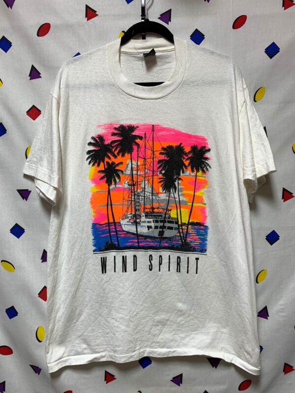 product details: 1980S-90S COTTON TSHIRT NEON BOAT & PALM TREE GRAPHIC WIND SPIRIT photo