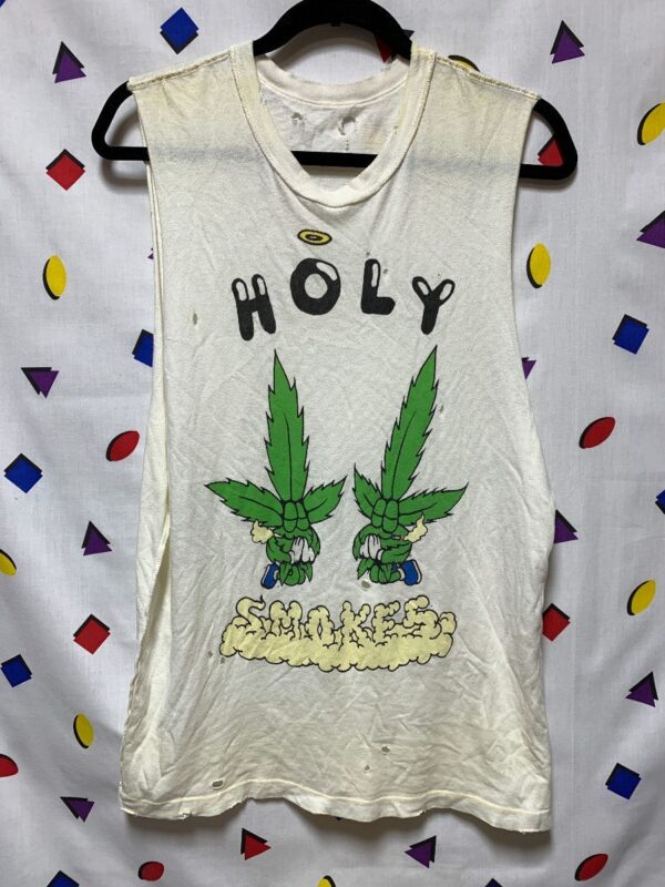 product details: RADICAL & TOTALLY DISTRESSED HOLY SMOKES SLEEVELESS SHIRT CUT SLEEVES AS-IS photo
