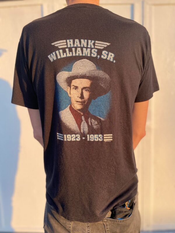 product details: HANK WILLIAMS SR T-SHIRT MEMORIAL GLITTER FONT PORTRAIT GRAPHIC photo