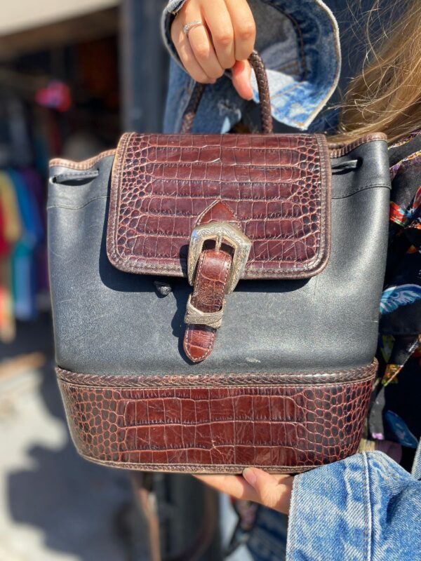 product details: BRIGHTON LEATHER BACKPACK SILVER BUCKLE ALLIGATOR FLAP AND BOTTOM photo