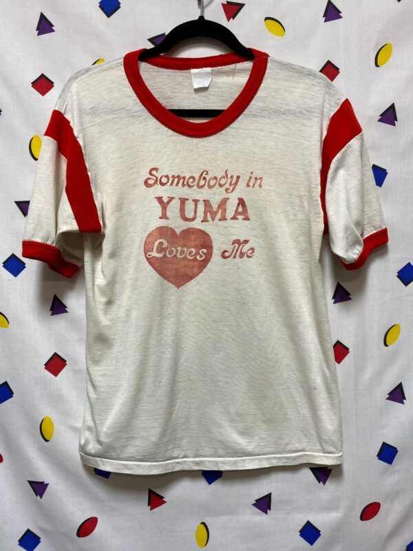 product details: DISTRESSED & VINTAGE SOMEBODY IN YUMA LOVES ME RETRO RINGER TEE TSHIRT AS-IS photo