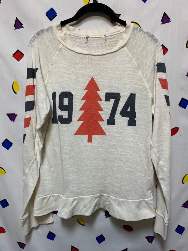 product details: 1974 PINE TREE GRAPHIC LONG SLEEVE BURNOUT TEE TSHIRT photo